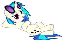 Size: 4087x2652 | Tagged: safe, artist:mrlolcats17, character:dj pon-3, character:vinyl scratch, species:pony, species:unicorn, bedroom eyes, belly button, cutie mark, female, hooves, horn, lying down, mare, open mouth, simple background, solo, sunglasses, transparent background, vector