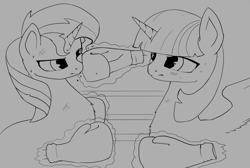 Size: 1280x858 | Tagged: safe, artist:rain-gear, character:sunset shimmer, character:twilight sparkle, character:twilight sparkle (alicorn), species:alicorn, species:pony, species:unicorn, boxing, boxing gloves, bruised, frown, glare, magic, monochrome, no hooves, punch, sweat, telekinesis