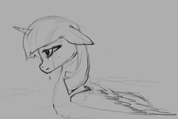 Size: 1126x757 | Tagged: safe, artist:rain-gear, character:twilight sparkle, character:twilight sparkle (alicorn), species:alicorn, species:pony, crying, female, floppy ears, mare, monochrome, profile, sad, sketch, solo