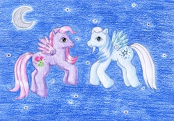 Size: 1024x714 | Tagged: safe, artist:normaleeinsane, g3, flying, moon, night, royal rose, silver glow, stars, traditional art