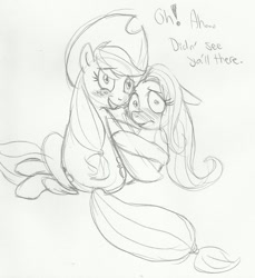 Size: 1293x1414 | Tagged: safe, artist:enigmaticfrustration, character:applejack, character:fluttershy, ship:appleshy, blushing, embarrassed, female, lesbian, shipping, sketch