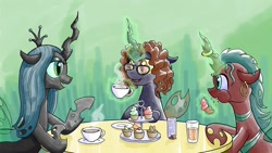 Size: 1600x900 | Tagged: safe, artist:muffinshire, character:queen chrysalis, species:changeling, changeling queen, coffee, cupcake, glasses, tea party