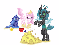 Size: 3300x2550 | Tagged: safe, artist:redanon, character:princess celestia, character:princess luna, character:queen chrysalis, species:alicorn, species:changeling, species:pony, angry, bucket, cewestia, changeling queen, crying, cute, cutealis, cutelestia, female, filly, foal, lunabetes, nymph, sandcastle, shovel, woona, younger