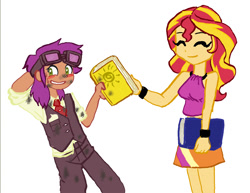 Size: 1482x1145 | Tagged: safe, artist:redanon, character:sunset shimmer, oc, oc:fidgety dandelion, my little pony:equestria girls, blushing, book, dirty, equestria girls-ified