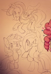 Size: 709x1024 | Tagged: safe, artist:mosamosa_n, character:lyra heartstrings, character:pinkamena diane pie, character:pinkie pie, character:princess luna, monochrome, sketch, traditional art