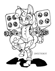 Size: 500x641 | Tagged: safe, artist:hobilo, character:sweetie belle, species:anthro, species:pony, species:unicorn, sweetie bot, black and white, female, grayscale, hooves, horn, lineart, monochrome, robot, solo, weapon