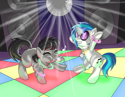 Size: 1600x1250 | Tagged: safe, artist:muffinshire, character:dj pon-3, character:octavia melody, character:vinyl scratch, dance floor, dancing, disco, disco ball, glowstick, whistle