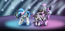 Size: 5895x2829 | Tagged: safe, artist:zedrin, character:dj pon-3, character:octavia melody, character:vinyl scratch, absurd resolution, armor, bass cannon, cellbow, cello, cyberpunk, gas mask, glow, glowing horn, hmd, mask, musical instrument, powered exoskeleton, visor, weaponized instruments