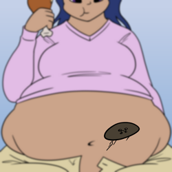 Size: 1250x1250 | Tagged: dead source, safe, artist:irateliterate, character:twilight sparkle, species:human, ask feedee twilight, bbw, belly, belly button, button, button popping, drumstick, eating, fat, food, humanized, muffin top, obese, out of focus, tight clothing, tumblr, twilard sparkle, wardrobe malfunction, weight gain