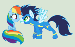Size: 1310x834 | Tagged: safe, artist:sapphireartemis, character:rainbow dash, character:soarin', species:pegasus, species:pony, ship:soarindash, g4, boop, cute, dashabetes, female, gray background, looking at each other, male, mare, noseboop, profile, shipping, simple background, sitting, soarinbetes, spread wings, stallion, straight, wings, wonderbolts uniform