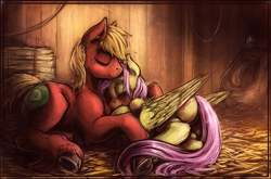 Size: 1980x1305 | Tagged: safe, artist:bantha, character:big mcintosh, character:fluttershy, species:earth pony, species:pony, ship:fluttermac, barn, cuddling, cute, hay, hay bale, hooves, horse collar, male, shipping, smiling, snuggling, stallion, straight, underhoof