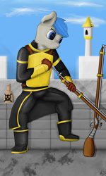 Size: 692x1154 | Tagged: safe, artist:mopyr, oc, oc only, armor, gun, musket, musketeer