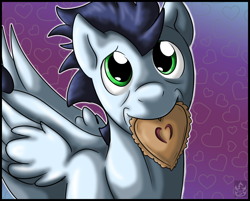 Size: 2540x2040 | Tagged: safe, artist:stormblaze-pegasus, character:soarin', episode:hearts and hooves day, g4, my little pony: friendship is magic, cute, looking at you, male, mouth hold, pie, soarinbetes, solo, that pony sure does love pies