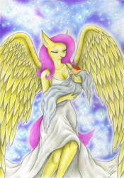 Size: 2446x3495 | Tagged: safe, artist:sinaherib, character:fluttershy, oc, oc:summer wind, parent:big macintosh, parent:fluttershy, parents:fluttermac, species:anthro, angel, angelic wings, baby, clothing, dress, fluttermom, fluttershy the angel, guardian angel, heaven, high res, mother and son, offspring, swaddling, traditional art