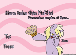 Size: 1000x714 | Tagged: safe, artist:outofworkderpy, character:dinky hooves, species:pony, species:unicorn, abstract background, bipedal, cute, dinky doesn't like muffins!, female, filly, funny, heart, mare, muffin, solo, tsundere, tsundinke, yuck