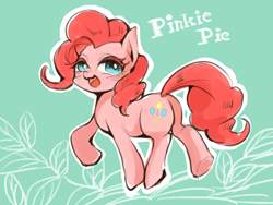 Size: 640x480 | Tagged: safe, artist:wan, character:pinkie pie, species:pony, cute, diapinkes, female, green background, leaf, looking at you, open mouth, simple background, smiling, smiling pinkie pie tolts left, solo