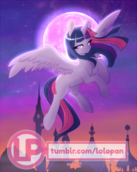 Size: 800x1000 | Tagged: safe, artist:lolopan, character:twilight sparkle, character:twilight sparkle (alicorn), species:alicorn, species:pony, bedroom eyes, blank flank, female, fluffy, flying, looking at you, mare, moon, night, smiling, solo, spread wings, watermark, wings