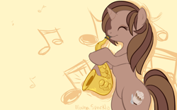 Size: 1600x1000 | Tagged: safe, artist:clovercoin, oc, oc only, oc:mocha delight, species:pony, bipedal, cloverly ponies, eyes closed, music notes, musical instrument, saxophone, solo, wallpaper