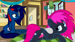 Size: 1024x576 | Tagged: safe, artist:noah-x3, oc, oc only, oc:neon flare, oc:serene, bed, couple