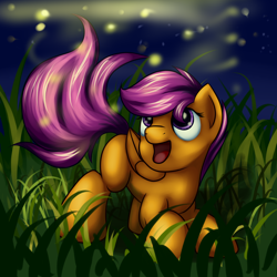 Size: 4800x4800 | Tagged: safe, artist:grennadder, character:scootaloo, species:pegasus, species:pony, g4, absurd resolution, crouching, cute, cutealoo, female, firefly, night, open mouth, open smile, smiling, solo