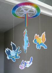 Size: 600x854 | Tagged: safe, artist:muffinshire, character:misty fly, character:rainbow dash, character:rarity, character:soarin', character:spitfire, g4, my little pony: friendship is magic, chandelier, craft, custom, falling, irl, mobile, papercraft, photo, scene interpretation, sonic rainboom