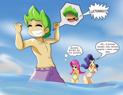 Size: 3189x2480 | Tagged: safe, artist:ryured, character:fluttershy, character:rarity, character:spike, species:human, bikini, clothing, cute, cutie mark swimsuit, human spike, humanized, ocean, purple swimsuit, spanish, stupid sexy spike, swimsuit, translated in the comments, white swimsuit, yellow swimsuit