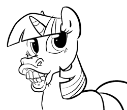 Size: 552x479 | Tagged: safe, artist:rustydooks, character:twilight sparkle, black and white, female, flehmen response, grayscale, hoers, horse face, horses doing horse things, monochrome, smiling, solo, teeth, wat