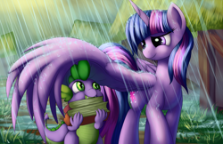 Size: 2550x1650 | Tagged: safe, artist:grennadder, character:spike, character:twilight sparkle, character:twilight sparkle (alicorn), species:alicorn, species:pony, book, cute, female, hnnng, mama twilight, mare, rain, spikelove, wing umbrella