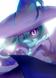 Size: 2343x3244 | Tagged: safe, artist:my-magic-dream, character:trixie, species:pony, species:unicorn, adoracreepy, cape, clothing, creepy, cute, featured on derpibooru, female, glowing eyes, grin, hat, looking at you, mare, perspective, portrait, smiling, solo, trixie's cape, trixie's hat
