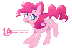 Size: 1000x684 | Tagged: safe, artist:lolopan, character:pinkie pie, species:earth pony, species:pony, cute, diapinkes, female, leg fluff, mare, open mouth, solo, white pupils