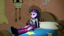 Size: 900x506 | Tagged: safe, artist:camtwosix, artist:creatorofpony, character:twilight sparkle, my little pony:equestria girls, 3d, 3d model, bed, bedroom eyes, boots, clothing, female, legs, shirt, skirt, solo, source filmmaker