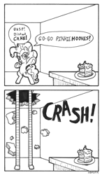 Size: 703x1200 | Tagged: safe, artist:abronyaccount, character:pinkie pie, species:pony, cake, ceiling, comic, female, food, inspector gadget, legs, lineart, monochrome, plate, underhoof