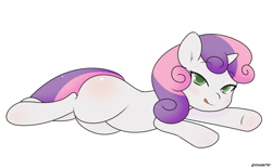 Size: 1280x796 | Tagged: safe, artist:zoarity, character:sweetie belle, species:pony, species:unicorn, bedroom eyes, blushing, butt blush, female, filly, licking, licking lips, looking at you, prone, simple background, solo, tongue out, underhoof, white background