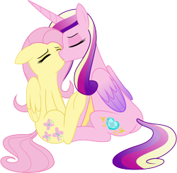 Size: 4080x4000 | Tagged: safe, artist:byteslice, artist:mcsadat, character:fluttershy, character:princess cadance, species:alicorn, species:pegasus, species:pony, absurd resolution, adultery, cadanshy, crack shipping, cute, cutie mark, eyes closed, female, floppy ears, flutterdance, infidelity, kissing, lesbian, missing accessory, raised eyebrow, raised hoof, shipping, simple background, sitting, svg, transparent background, underhoof, vector