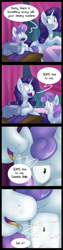 Size: 2000x8000 | Tagged: safe, artist:jorobro, character:rarity, character:sweetie belle, bloodshot eyes, close-up, comic, ear fluff, fluffy, frown, open mouth, pun, sewing machine, smiling, smirk, unamused, wide eyes