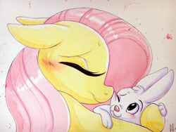 Size: 1341x1008 | Tagged: safe, artist:prettypinkpony, character:angel bunny, character:fluttershy, ship:angelshy, cuddling, eyes closed, female, floppy ears, male, shipping, snuggling, straight, traditional art, watercolor painting