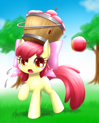 Size: 560x700 | Tagged: safe, artist:hashioaryut, character:apple bloom, species:earth pony, species:pony, :o, adorabloom, apple, apple basket, balancing, blushing, bow, bow tie, bucket, cute, dawwww, fangs, female, filly, food, hair bow, hnnng, looking at you, open mouth, pixiv, raised hoof, solo, sweat, sweatdrop, weapons-grade cute, wide eyes