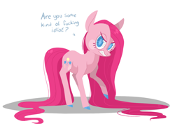 Size: 1280x923 | Tagged: safe, artist:jellybeanbullet, character:pinkamena diane pie, character:pinkie pie, angry, colored hooves, dialogue, eyelashes, female, growling, long mane, looking at you, solo, talking to viewer, vulgar