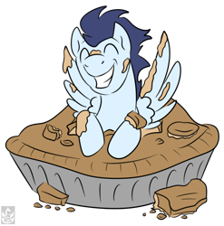 Size: 1732x1750 | Tagged: safe, artist:stormblaze-pegasus, character:soarin', cute, eyes closed, grin, happy, male, pi day, pie, simple background, soarinbetes, solo, spread wings, that pony sure does love pies, transparent background, wings