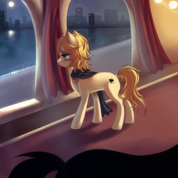 Size: 900x900 | Tagged: safe, artist:jacky-bunny, oc, oc only, species:earth pony, species:pony, city, cityscape, clothing, monk, natalie teeger, night, ponified, scarf, solo