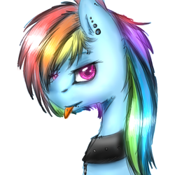 Size: 512x512 | Tagged: safe, artist:suenden-hund, character:rainbow dash, chains, collar, ear piercing, eyebrow piercing, female, piercing, snake bites, solo, tongue out, tongue piercing