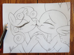 Size: 1152x864 | Tagged: safe, artist:prettypinkpony, character:spike, character:sweetie belle, ship:spikebelle, female, grayscale, male, monochrome, shipping, straight, traditional art