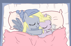 Size: 2454x1608 | Tagged: safe, artist:trotsworth, character:derpy hooves, character:dinky hooves, species:pegasus, species:pony, bed, cloydes, cuddling, equestria's best mother, female, mare, scrunchy face, sleeping, spooning, spork