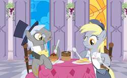 Size: 3363x2066 | Tagged: safe, artist:trotsworth, character:caesar, character:derpy hooves, species:pegasus, species:pony, bag, breakfast, clothing, dexterous hooves, english muffin, female, hat, mail, mare, muffin, sitting, table