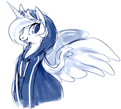 Size: 609x551 | Tagged: safe, artist:mangneto, edit, character:princess celestia, alternate hairstyle, blushing, clothing, female, hair over one eye, hips, hoodie, lips, looking at you, monochrome, smiling, solo, standing