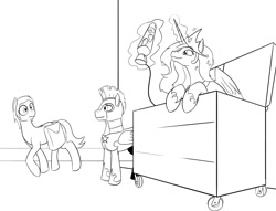 Size: 1205x923 | Tagged: safe, artist:mistermech, character:princess celestia, species:alicorn, species:earth pony, species:pegasus, species:pony, black and white, cute, cutelestia, dirty, dumpster, female, frown, grayscale, grin, guard, lava lamp, leaning, levitation, lineart, magic, male, mare, messy mane, monochrome, nervous, royal guard, saddle bag, smiling, stallion, telekinesis, wide eyes