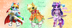 Size: 1750x700 | Tagged: safe, artist:hashioaryut, character:applejack, character:rainbow dash, character:twilight sparkle, species:anthro, cless albein, crossover, farah oersted, milla maxwell, pixiv, tales of eternia, tales of phantasia, tales of series, tales of xillia