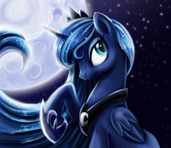 Size: 1991x1725 | Tagged: safe, artist:jadedjynx, character:princess luna, species:alicorn, species:pony, crown, ethereal mane, eyelashes, female, folded wings, hoof shoes, horn, jewelry, moon, night, raised hoof, regalia, smiling, solo, stars, wings