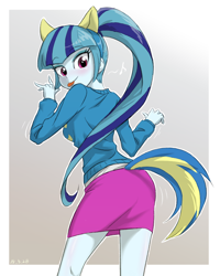 Size: 702x877 | Tagged: safe, artist:ta-na, character:sonata dusk, my little pony:equestria girls, blep, blushing, clothing, cute, dancing, female, looking back, skirt, solo, sonata donk, sonatabetes, sweater, tail, tongue out, wondercolts