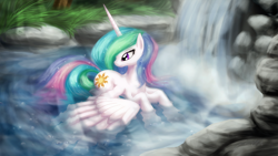 Size: 1920x1080 | Tagged: safe, artist:zedrin, character:princess celestia, bathing, belly wings, colored, crepuscular rays, digital painting, female, outdoors, prone, river, solo, spread wings, swimming pool, water, waterfall, wet mane, wings